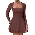 Detail view of a brown long-sleeved mini dress with a square neck and pleated hem. - Dark Brown