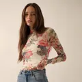 Long-sleeved mesh top featuring a romantic rose floral print and a slim-fit silhouette - S / Tops / Rainbow
