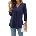 Detailed view of women's navy blue V-neck top with pleated front and button accent - Navy Blue