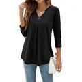 Detail view of women's black V-neck top with pleated front and circular button - S / Tops / Black