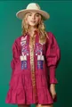 Magenta Christmas mini dress featuring sequined nutcracker patterns and puffed sleeves - Fuschia