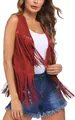 Detailed view of red faux suede sleeveless fringe vest with rivet accents on a woman - S / Tops / Red