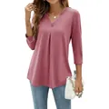 Elegant dusty pink 3/4 sleeve V-neck pleated top for women shown from the front - Pink