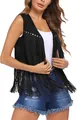 Close-up detail of a women's black faux suede fringe vest with metal studs and long tassels - S / Tops / Black