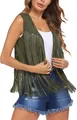 Close-up detail of a women's green faux suede vest featuring long bohemian fringe - Army Green
