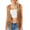 Detailed view of a brown faux suede fringe vest featuring a bohemian western style. - Earthy Yellow