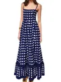 Elegant navy blue and white checkered spaghetti strap maxi dress with ruffled hem design - S / Blue