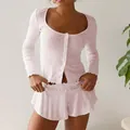 Chic light pink French-style lounge set featuring pointelle knit with ruffle hem detail - S / Top And Bottom / Pink