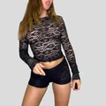 Detailed view of women's sexy black sheer lace long sleeve top with intricate floral patterns - S / Tops / Black