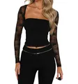Detailed close-up of a sexy black sheer floral lace two-piece top set for women - S / Set / Black