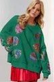 Sweat-shirt de Noël vert pour femmes avec broderies de boules en paillettes colorées - Vert Avec Boule Multicolore