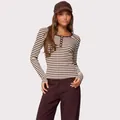 Slim fit brown striped long sleeve henley T-shirt with five buttons for a stylish look - S / Tops / Dark Brown