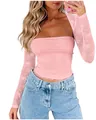 Detailed shot of a pink sheer lace long sleeve two-piece top set for women fashion - S / Set / Pink