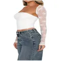 Detailed view of white sheer floral lace long sleeves on sexy two-piece top set - S / Set / White