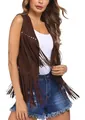 Women's brown faux suede fringe vest with silver studs in a western tassel style - S / Tops / Dark Brown