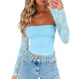 Sexy light blue see-through lace two-piece long-sleeved top for women SKU variant view - S / Set / Blue