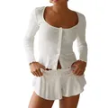White French style ribbed long-sleeve top and ruffle shorts loungewear set for women - S / Top And Bottom / White