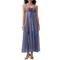 Stylish colorful vertical striped maxi camisole dress for women with front tie detail - Blue