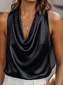 Elegant black satin sleeveless top featuring a sophisticated cowl neck detail - S / Tops / Black