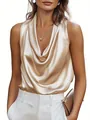 Detail of champagne satin sleeveless cowl neck top with elegant draped pleats - Apricot