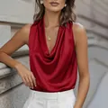 Elegant red satin sleeveless top featuring a cowl neck and draped front design - S / Tops / Burgundy
