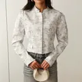 Elegant ink-wash floral print short blazer with long sleeves and a stand-up collar - S / Tops / Ink Print