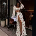 Detail view of a floral print tie-front crop top and a high slit maxi skirt set - S / Top And Bottom / Red Floral (Color 1)