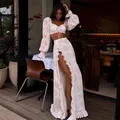 Detailed view of a two-piece floral print set featuring a crop top and slit maxi skirt - S / Top And Bottom / Pink Floral (Color 3)