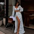 Elegant floral print two-piece set with tie-front crop top and high-slit maxi skirt. - S / Top And Bottom / Blue Floral (Color 2)