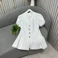 Elegante blazer corto bianco con maniche a sbuffo e bottoni argentati decorativi estivi - Taglia S / Top / Bianco
