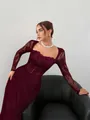 Elegant wine red square neck lace patchwork midi dress featuring long lace sleeves - S / Dresses / Burgundy