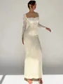 Elegantes elfenbeinfarbenes Spitzenkleid mit langen Ärmeln und eckigem Ausschnitt. - S / Kleider / Aprikose