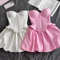 Sexy summer strapless corset top and bubble mini skirt set in white and pink colors. - S / Top And Bottom / White