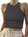 Close-up of a dark grey ribbed sleeveless crop tank top in a slim fit - Dark Gray