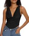 Close-up view of a sexy black V-neck sleeveless tank top with elegant draped pleats for women. - S / Tops / Black