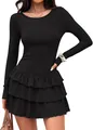 Close-up view of the elegant tiered ruffled skirt on a black long sleeve knit mini dress. - Black
