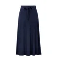 Detailed view of high waist knitted navy blue midi skirt featuring drawstring and side slit - S / Bottoms / Dark Blue