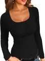 Close-up of black ribbed long-sleeve T-shirt with a scoop neck and slim fit. - S / Top (8068) / Black