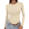 Close-up of women's slim-fit long sleeve beige T-shirt featuring a classic round neck. - Apricot