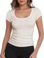 Detail of a women's cream-colored slim-fit scoop neck short sleeve summer T-shirt - S / Tops / Off White