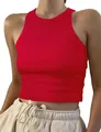 Detailed view of a red ribbed sleeveless cropped tank top for summer casual wear - S / Tops / Red