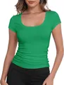 Detailed macro view of women's vibrant green scoop neck slim fit t-shirt fabric texture - Green