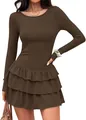 Detailed view of a brown long sleeve ribbed knit dress with elegant tiered ruffle skirt - S / Dresses / Coffee