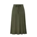 Front view of a minimalist olive green high-waisted knitted midi skirt with side split - S / Bottoms / Army Green