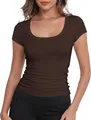 Detailed view of women's brown scoop neck slim fit t-shirt for chic summer fashion look - Coffee