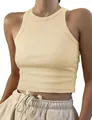 Detailed macro view of a cream-colored ribbed sleeveless slim-fit crop tank top. - Off White