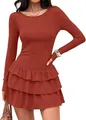 Elegant rust-colored ribbed knit dress featuring long sleeves and a tiered ruffle skirt. - Rust red
