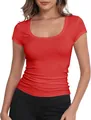 Detail view of a vibrant red slim-fit short sleeve t-shirt with a stylish scoop neckline - S / Tops / Red