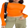 Vibrant orange long sleeve slim fit crew neck crop top for women stylish casual wear. - Orange