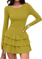 Detailed macro view of the olive green ribbed knit fabric and ruffled tiered hemline. - Matcha Green